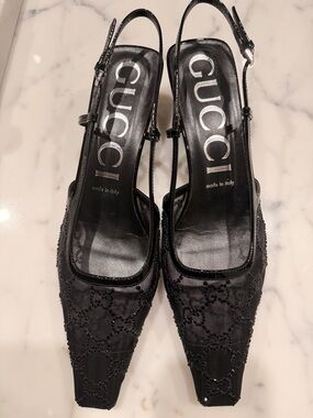 Gucci Black crystal embellished GG logo on mesh Slingback Heels